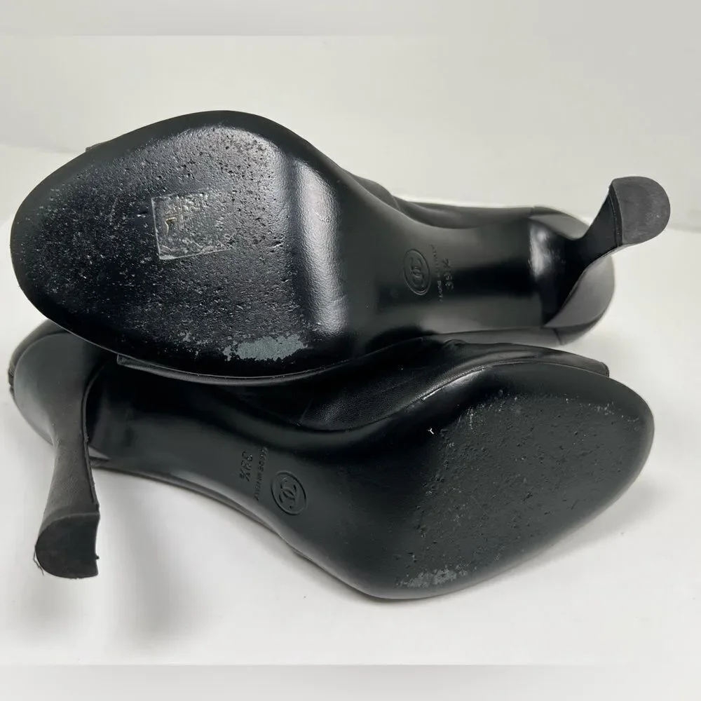 Chanel Ruched Open Toe Leather Camellia Booties Black